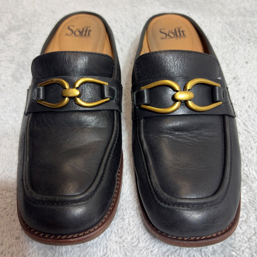 Sofft Loafer Mules Womens 9M Black Leather Gold Hardware Stacked Heel SF0090501